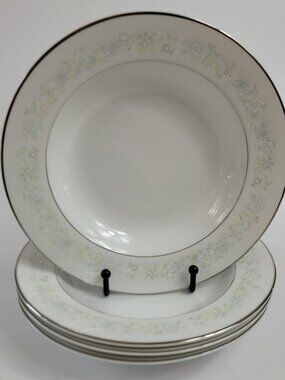 FOUR Sango China Angelique 3781 Soup Bowls White Pink and Blue Flowers
